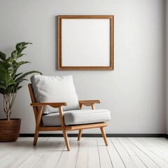 Modern living room armchair with wooden frame and blank picture frame