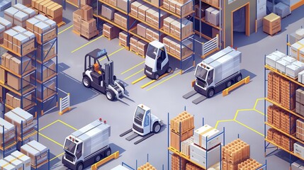 An isometric scene of a clean and organized warehouse with efficient shelving systems, automated guided vehicles (AGVs) moving products, and a real-time inventory tracking system. 