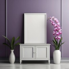 White Cabinet Purple Wall Orchids And Plants Mockup