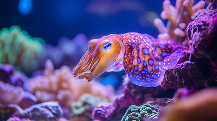 A vibrant underwater scene featuring a colorful cuttlefish among coral reefs.