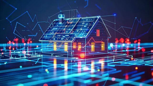 Glowing holographic projection of a smart home with solar panels on the roof, showcasing innovative and futuristic technology for sustainable living