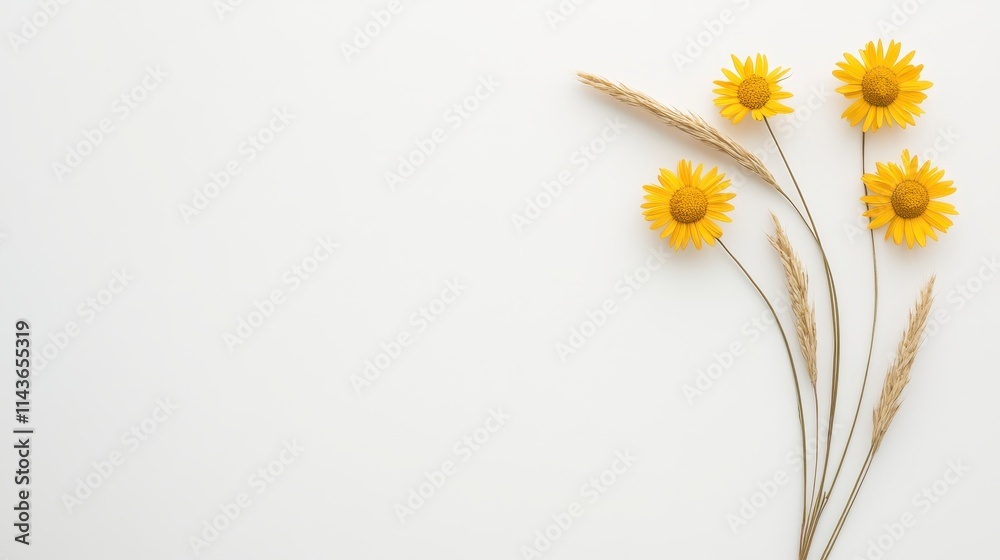 Poster A minimalist arrangement of yellow flowers and dried grasses on a white background, showcasing a simple and elegant natural aesthetic.