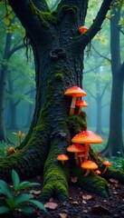 Obraz premium Ancient tree trunk with glowing mushrooms and vines, forest floor, ancient trees