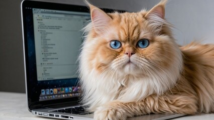Fluffy Persian cat with blue eyes lounging on a laptop at home