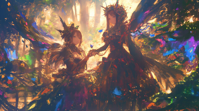 ケルト音楽をイメージした、民族衣装をまとった女性のイラスト。ファンタジー,ゲームの世界,幻想的,空想の