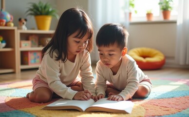 Two siblings sitting on a colorful rug in a bright room, reading a book together, surrounded by toys and natural light, sharing a calm and educational moment