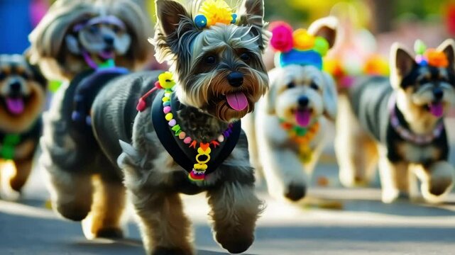 A hazy background of an outdoor pet parade with pets and their owners showcasing their creativity through their costumes.