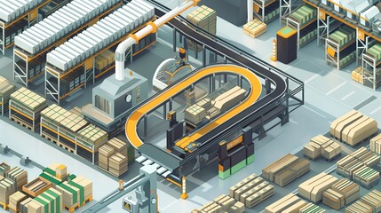 An isometric view of a warehouse with an intricate network of conveyor belts, robotic sorting stations, and rows of pallet racks filled with neatly arranged goods. 