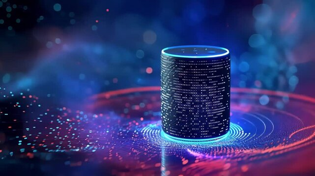 Futuristic smart speaker stands on a colorful digital landscape, processing a stream of data represented by flowing particles and glowing lights