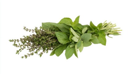 Fresh herbs include thyme and mint, showcasing vibrant green leaves, ideal for culinary use or garnishing dishes.