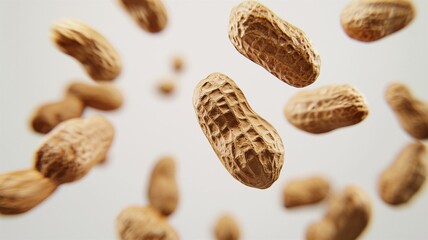 whole peanuts in shells floating in mid-air on white isolated background
