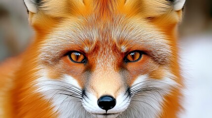 Fototapeta premium A striking close-up of a red fox, showcasing its vivid orange fur and expressive eyes, set against a blurred natural background.