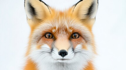 Fototapeta premium A close-up of a red fox with striking orange fur and expressive eyes, set against a snowy background, showcasing its features and natural beauty.