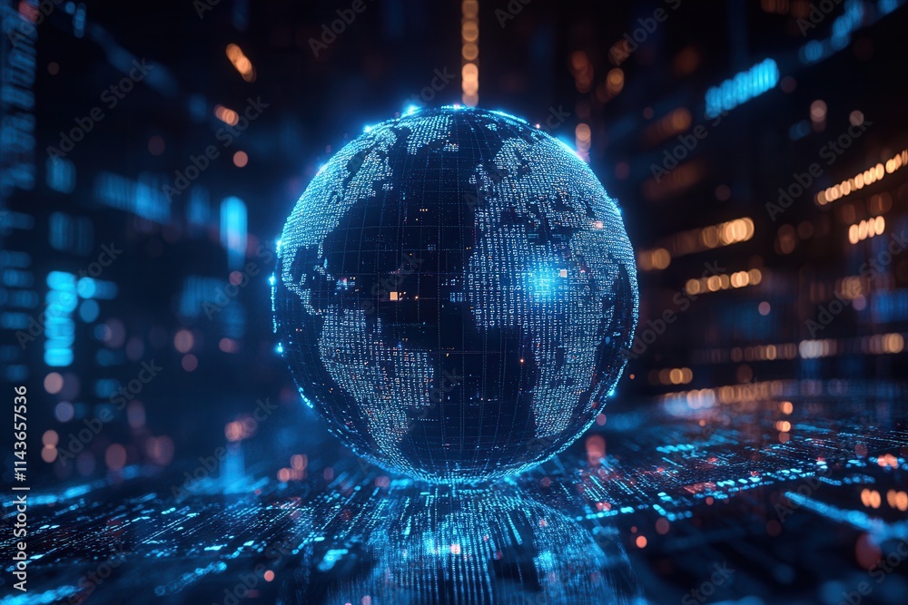 Poster a digital globe composed of glowing blue data points, representing technology, connectivity, and glo