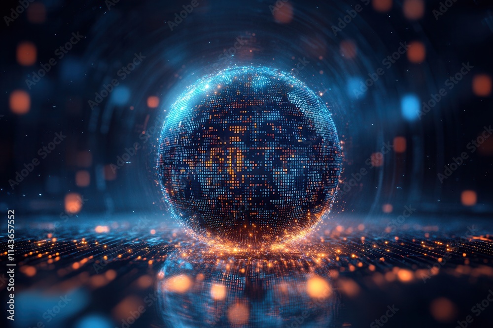 Poster a digital globe with glowing particles represents technology and interconnectedness, set against a d
