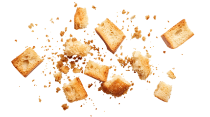Broken bread rusks with scattered crumbs, isolated on transparent