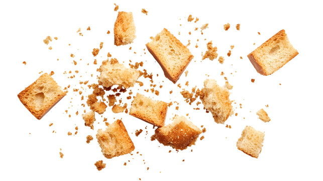 Broken bread rusks with scattered crumbs, isolated on transparent