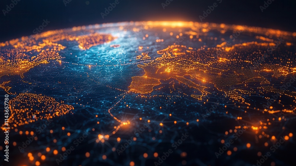 Poster a vibrant, illuminated view of earth from space, showcasing interconnected networks of cities and gl