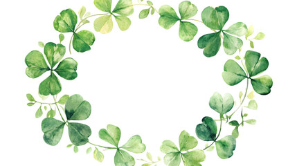 Circular clover leaf watercolor frame, perfect for seasonal designs, isolated on white