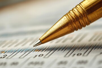Fototapeta premium A close-up of a golden pen poised over a printed paper, highlighting details of the pen and the numerical grid beneath it.