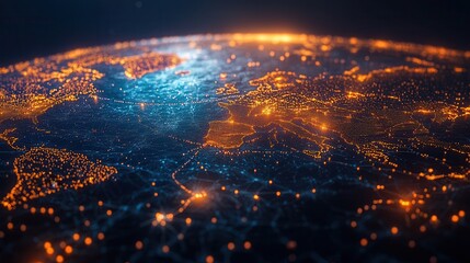 Fototapeta premium A vibrant, illuminated view of Earth from space, showcasing interconnected networks of cities and glowing landscapes.