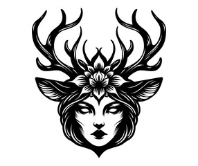 An illustration of female head with deer antler in white background. Horror and mystery element design. Vector graphic.
