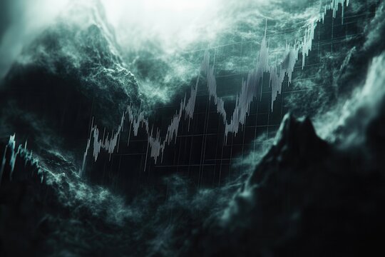 A dark, atmospheric image depicting abstract mountain peaks and a fluctuating chart line, suggesting themes of data, finance, or uncertainty.