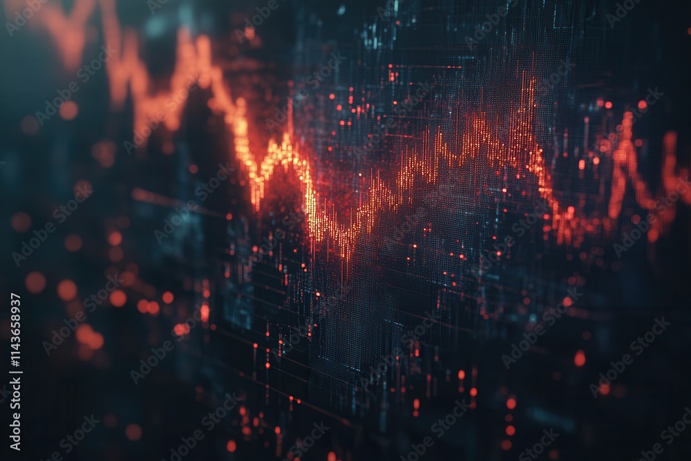 Poster a digital visualization of fluctuating financial data, featuring vibrant lines and dots against a da