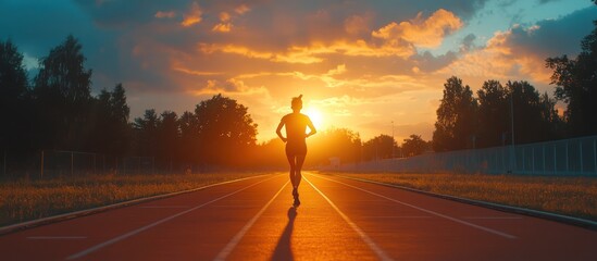 Woman running on a track at sunset.