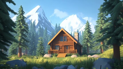 a cozy wooden cabin surrounded by towering pine trees in the mountains, nestled in a serene alpine landscape with snow-capped peaks in the distance, smoke gently rising from the cabin's chimney, creat