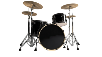Black Drum Set Ready for a Beat: A professional drum set with black drums and chrome hardware, ready for a powerful performance. Perfect for music productions, band promotions, and more. 