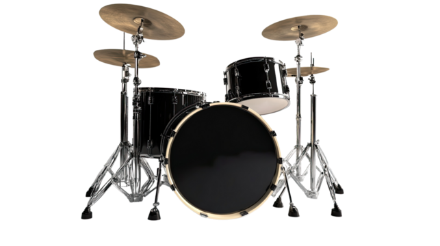 Black Drum Set Ready for a Beat: A professional drum set with black drums and chrome hardware, ready for a powerful performance. Perfect for music productions, band promotions, and more. 