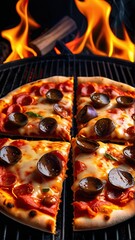 Sliced sausage pizza grilled over open flames, with a crispy crust and melted cheese, surrounded by fiery embers, creating a bold and smoky presentation