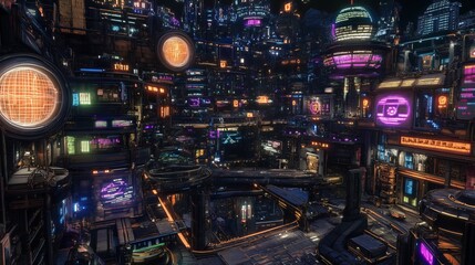 Fototapeta premium a futuristic city adorned with neon lights and digital codes, a vibrant urban landscape illuminated by glowing signs and screens, bustling streets filled with activity and advanced technology, creatin