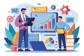 Two men study growth data on tablets while discussing analytics and strategies in a modern workspace Men using tablets to analyze growth data, flat illustration.