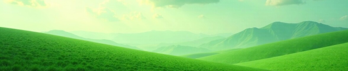 Fototapeta premium a vast, serene landscape with an abstract green background and soft, misty clouds drifting lazily across the sky, nature, calming, dreamy