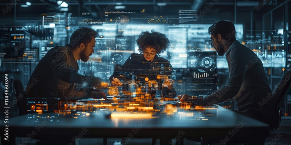 Aufkleber Three individuals collaborate around a futuristic table displaying digital data and holograms, immersed in a tech-driven brainstorming session.