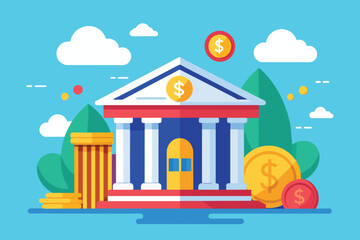 A vibrant bank building depicted with coins and trees, creating a lively financial theme outdoors Money in the bank concept, illustrated flat