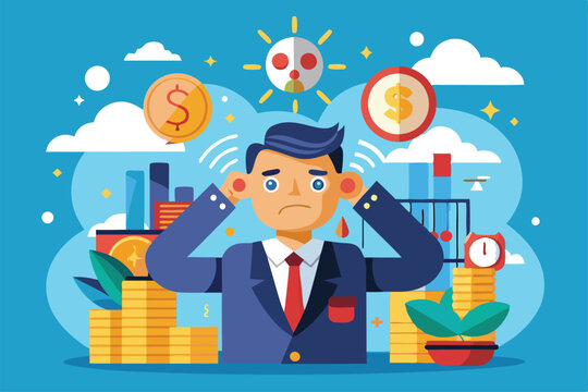 A distressed businessman covers his ears amid an overload of financial stress symbols and graphs Money stress illustration, customizable and flat.