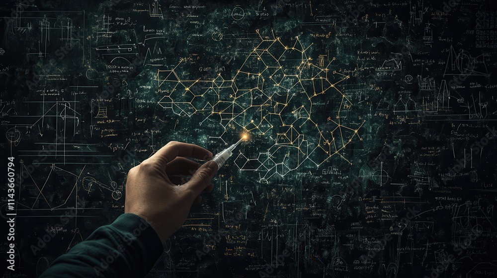 Poster A hand holds a pen, illuminating a complex web of interconnected lines and symbols on a dark background, suggesting exploration and creativity.