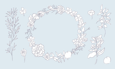 手書きの草木線画イラスト。線画のベクター花イラスト。シンプルな草木の装飾フレーム。Hand drawn line drawing illustration of plants and trees. Line drawing vector flower illustration. Simple grass and trees decorative frame.