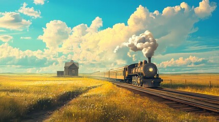 Fototapeta premium a quaint station with an old train arriving amidst vast open fields, a nostalgic scene of rural charm with a vintage locomotive, the tranquility of an isolated train station surrounded by nature