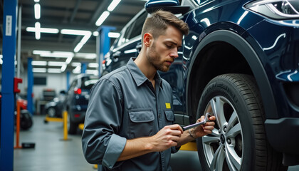 A focused mechanic in a gray uniform inspecting a car wheel with a tire pressure gauge in a brightly lit professional garage