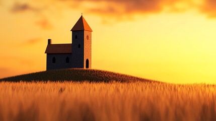 Fototapeta premium A serene landscape featuring a quaint stone house atop a hill, illuminated by a warm sunset against a field of golden wheat.