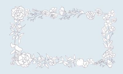 手書きの草木線画イラスト。線画のベクター花イラスト。シンプルな草木の装飾フレーム。Hand drawn line drawing illustration of plants and trees. Line drawing vector flower illustration. Simple grass and trees decorative frame.