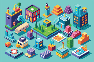 A lively collection of customizable isometric buildings and structures nestled in a whimsical green setting More customizable isometric illustrations available.