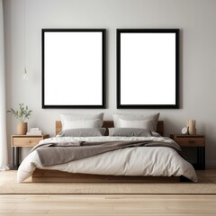 Minimalist bedroom interior design with wooden bed and framed artwork