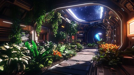 a lush garden filled with plants inside a space station floating among the stars, vibrant greenery thriving in the artificial environment, windows offering a breathtaking view of distant galaxies and 