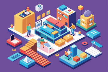 A colorful workspace features people engaged in different activities, surrounded by various structures and objects MS Customizable Isometric Illustration