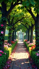 A winding tree-lined path adorned with blooming flowers and vines, culminating in a majestic gate at the end, paths, garden